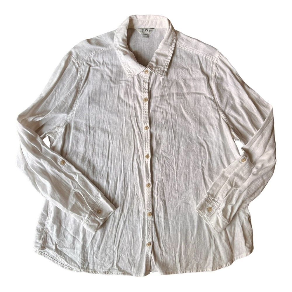 ORVIS Shirt Womens XXL Ivory Linen Rayon Button Down Long Sleeve Roll Tab
